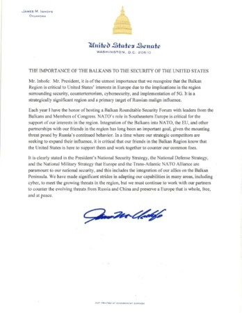 Senator James Inhofe: THE IMPORTANCE OF THE BALKANS TO THE SECURITY OF THE UNITED STATES