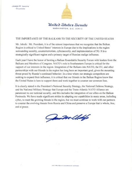 Senator James Inhofe: THE IMPORTANCE OF THE BALKANS TO THE SECURITY OF THE UNITED STATES